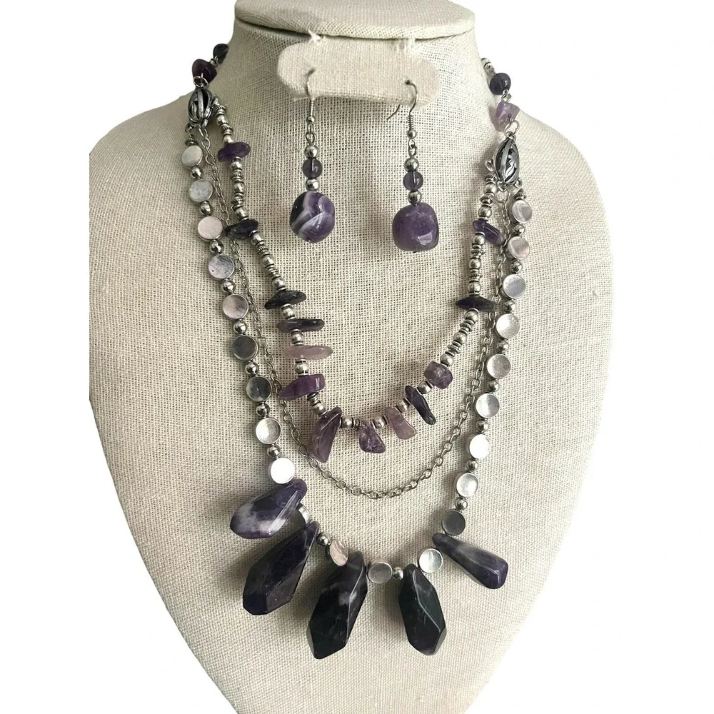 Genuine Amethyst Triple Layer Statement Necklace And Earrings Set 19